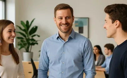 ein Ausbilder steht lächelnd mit drei Auszubildenden in einem Büro