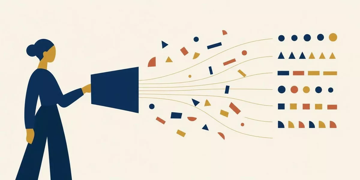 Illustration: Eine stilisierte Figur richtet nach rechts verschiedene geometrische Formen aus, die ein Magnet anzieht und entlang seiner Feldlinien ordnet