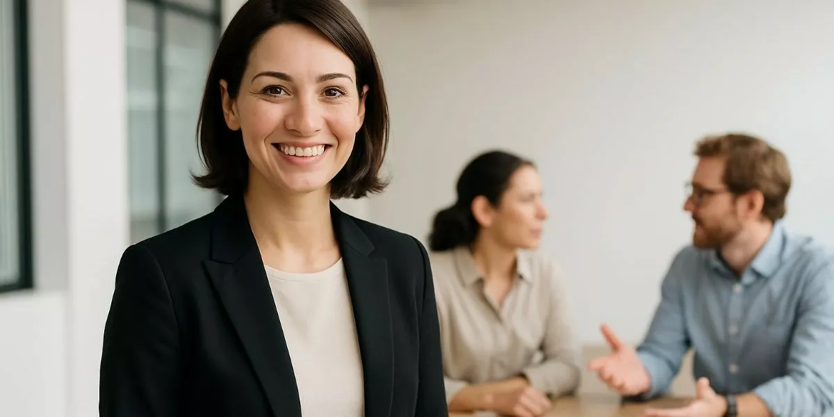 eine Businessfrau lächelt in die Kamera, im Hintergrund diskutieren zwei Kollegen miteinander