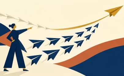 Illustration: Eine stilisierte Figur, von der aus ein Schwarm Papierflieger gemeinsam die Richtung wechselt, angeführt von einem einzelnen goldenen Flieger