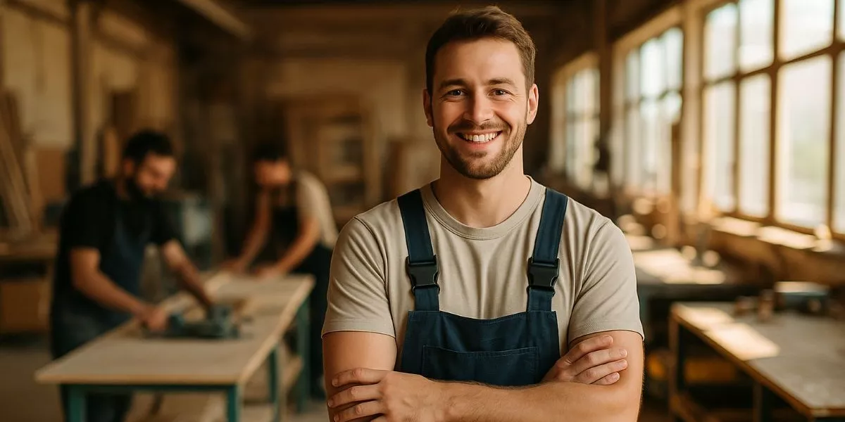 ein Handwerker steht lächelnd in seiner Werkstatt, im Hintergrund arbeiten zwei Kollegen