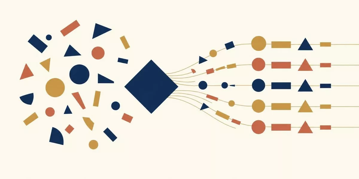 Illustration: Ein Magnet zieht verschiedene geometrische Formen an, die sich entlang seiner Feldlinien ausrichten