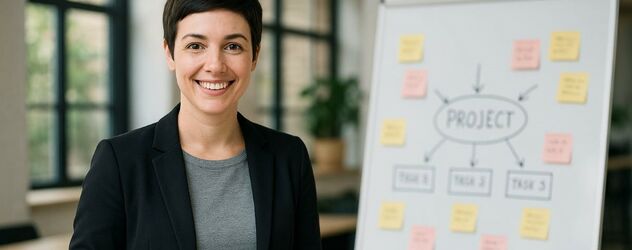 eine Projektmanagerin steht vor einem Flipchart und lächelt in die Kamera