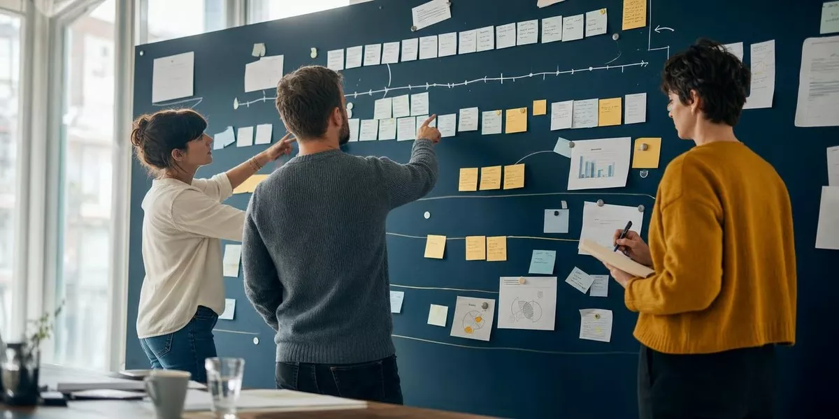 Team an einer dicht belegten Planungstafel mit drei parallel getakteten Projektsträngen entlang einer Zeitachse