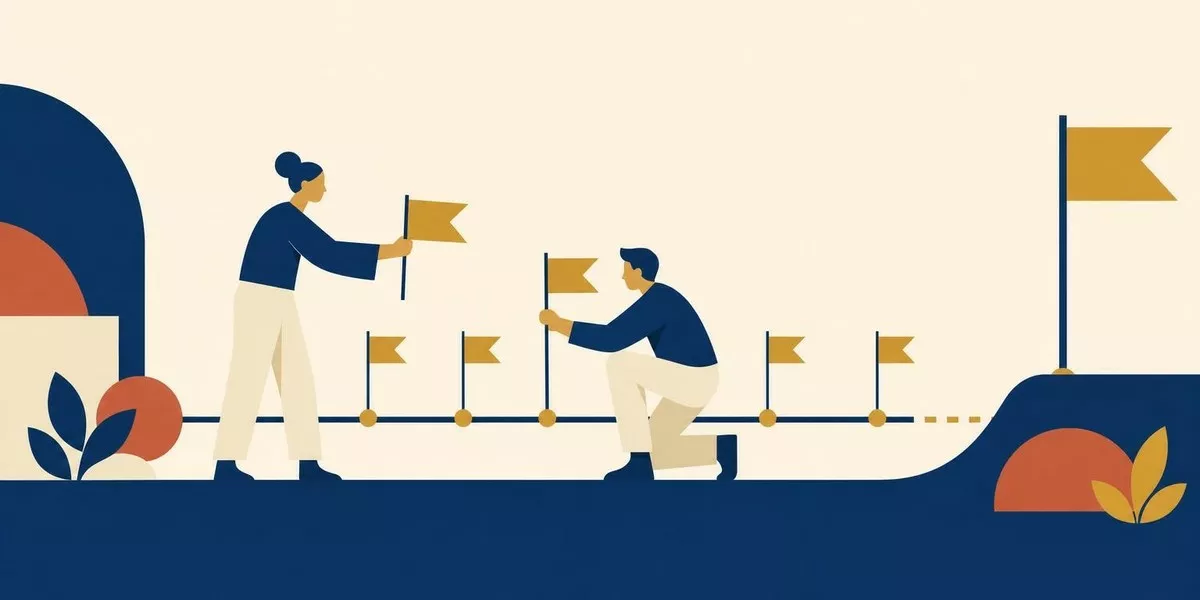 Illustration: Zwei stilisierte Figuren, einander zugewandt, setzen gemeinsam Meilenstein-Fahnen entlang einer horizontalen Zeitachse zwischen ihnen