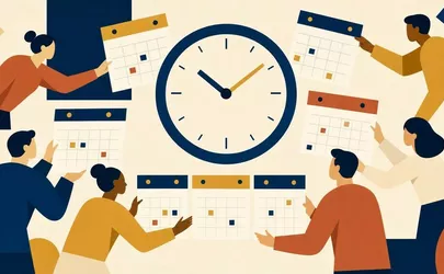 Illustration: mehrere stilisierte Figuren fangen schwebende Kalenderblätter ein und ordnen sie gemeinsam um eine große Uhr