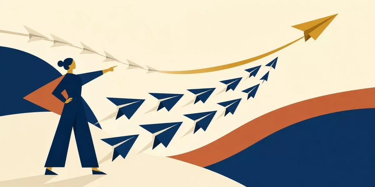Illustration: Eine stilisierte Figur, von der aus ein Schwarm Papierflieger gemeinsam die Richtung wechselt, angeführt von einem einzelnen goldenen Flieger