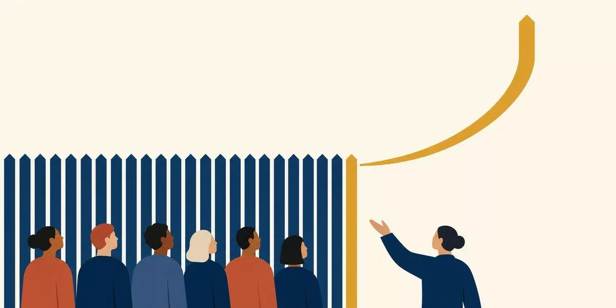 Illustration: Eine Reihe gleichförmiger Formen, aus der eine goldene Form ausbricht und eine aufsteigende Bahn beschreibt