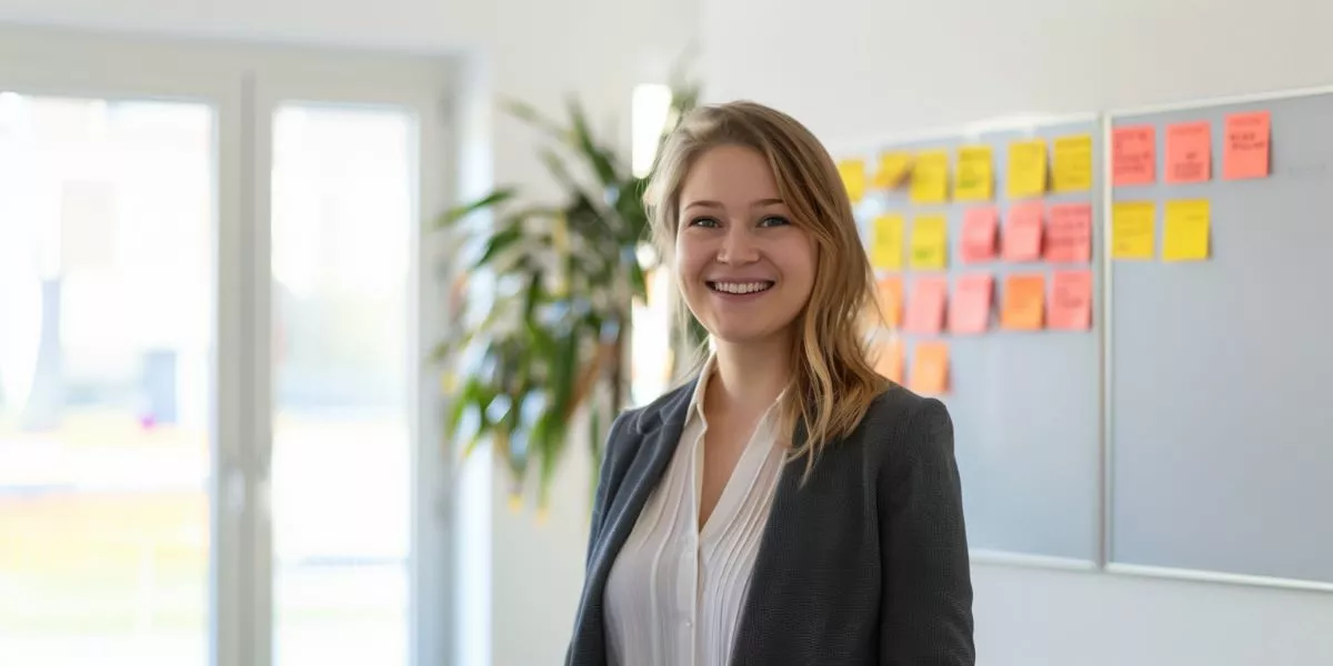 eine Businessfrau steht vor einer Wand mit einem Kanban Board