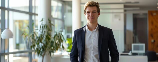 Manager steht in einem hellen und modernen Büro