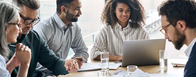 verschiedene Geschäftsleute besprechen den Finanzplan des Unternehmens am einem Tisch