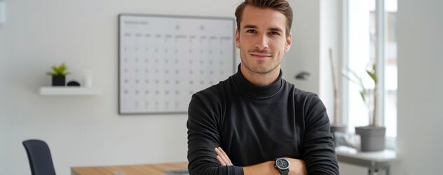 ein Businessmann steht in einem Büro vor einem Kalendar