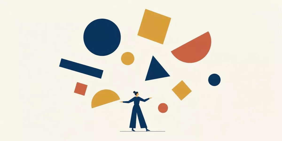 Illustration: eine kleine stilisierte Figur ordnet und balanciert mehrere verschiedenartige, schwebende Elemente in weitem Raum