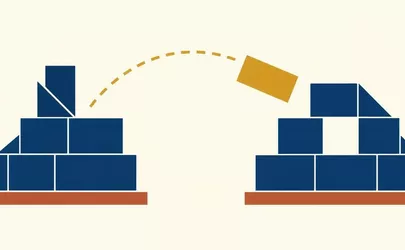 Illustration: Ein goldener Baustein wandert auf einer Bogenbahn zwischen zwei geometrischen Blockstrukturen aus dunkelblauen Flächen und füllt in der einen eine Lücke