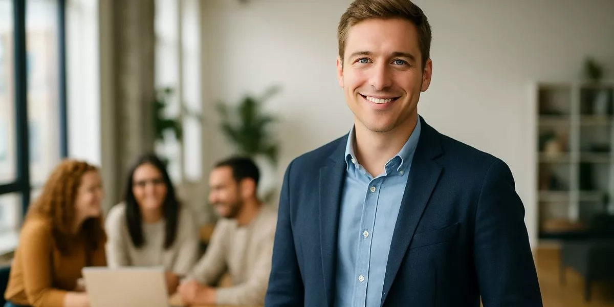 ein Change Manager steht in einem modernen Büro