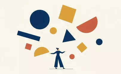 Illustration: eine kleine stilisierte Figur ordnet und balanciert mehrere verschiedenartige, schwebende Elemente in weitem Raum