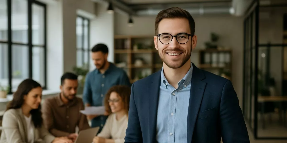 ein Projektmanager steht in einem Büro, im Hintergrund arbeitet sein Team