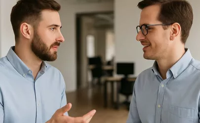 zwei Kollegen diskutieren freundlich miteinander