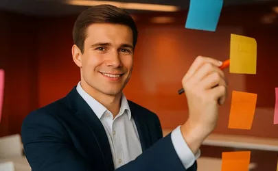 ein Innovationsmanager steht an einem gläsernen Chart in schreibt etwas auf ein Post-it