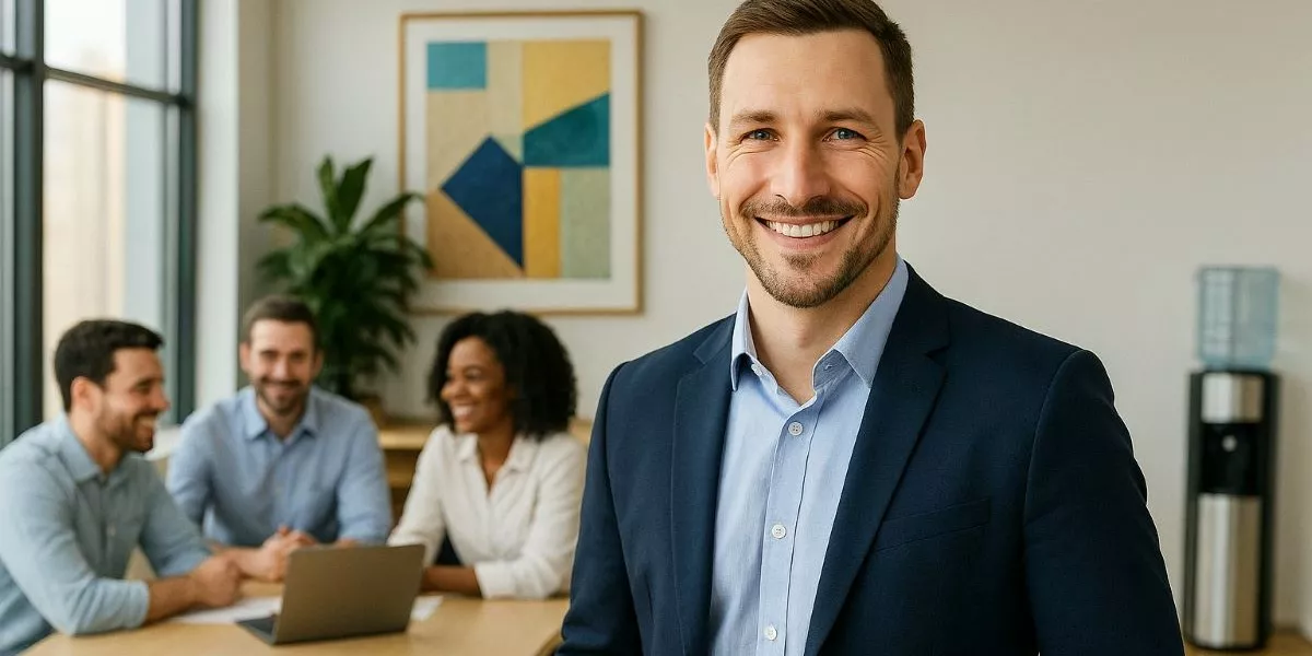 ein Manager steht in einem Büro und lächelt in die Kamera, sein Team sitzt im Hintergrund an einem Tisch und diskutiert fröhlich