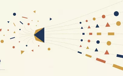 Eine kleine stilisierte Figur richtet in weitem Raum verschiedene geometrische Formen aus, die ein Magnet anzieht und entlang seiner Feldlinien ordnet