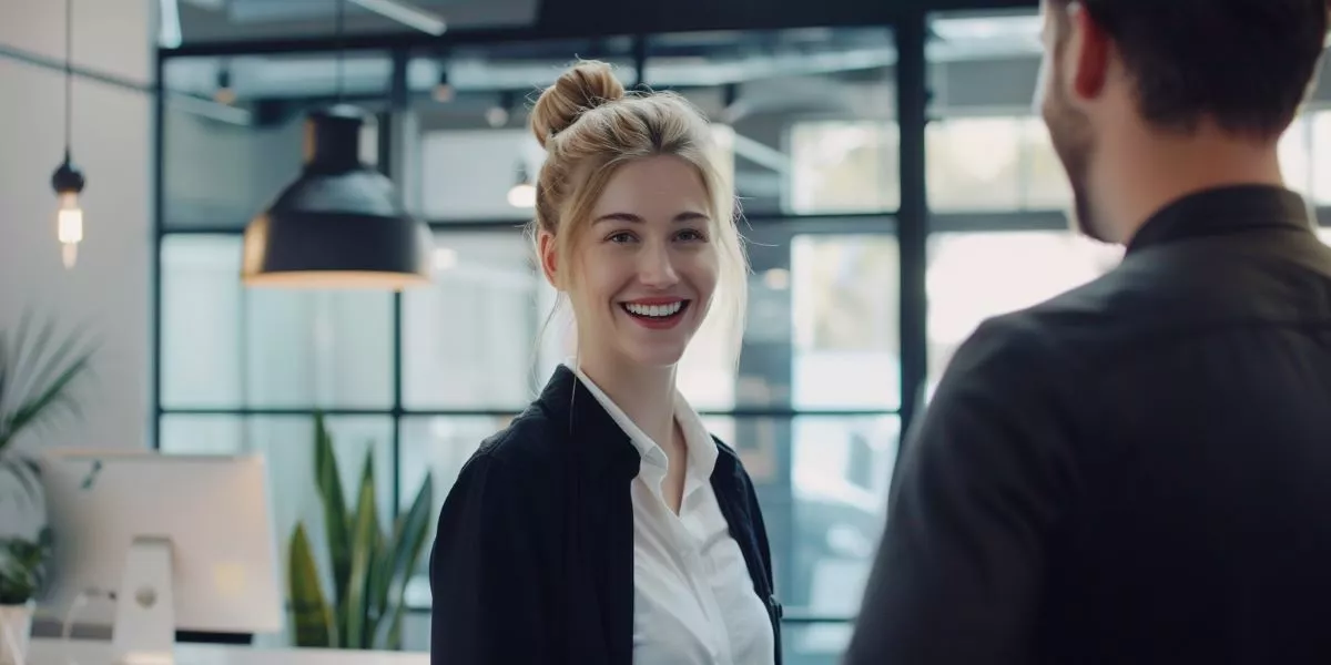 Managerin im Gespräch mit einem Kollegen in einem modernen Büro