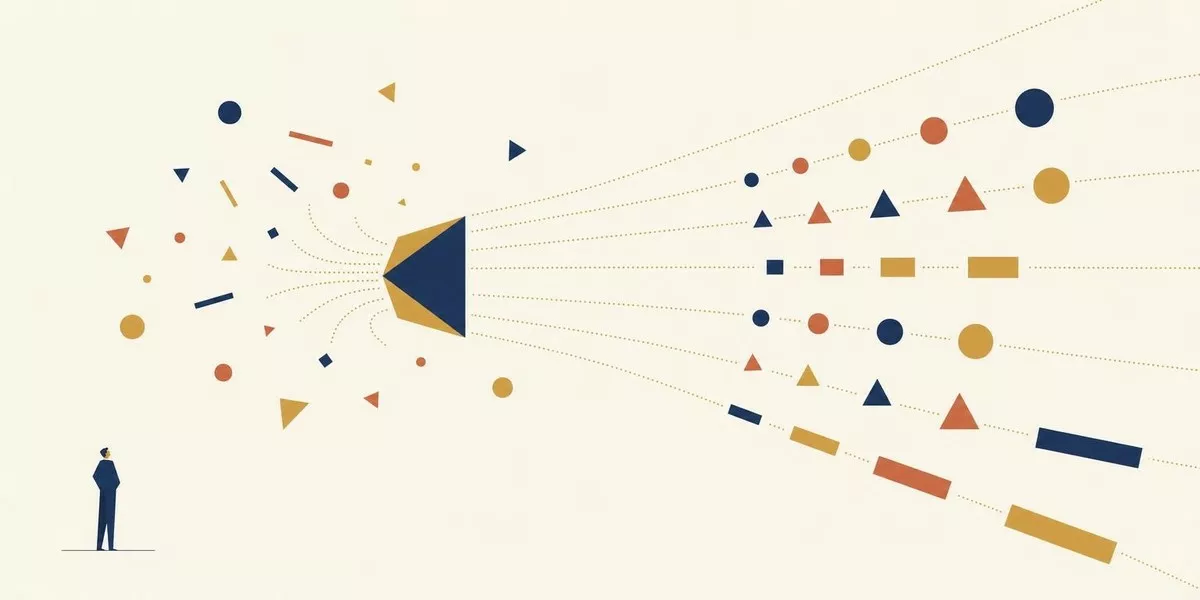 Eine kleine stilisierte Figur richtet in weitem Raum verschiedene geometrische Formen aus, die ein Magnet anzieht und entlang seiner Feldlinien ordnet
