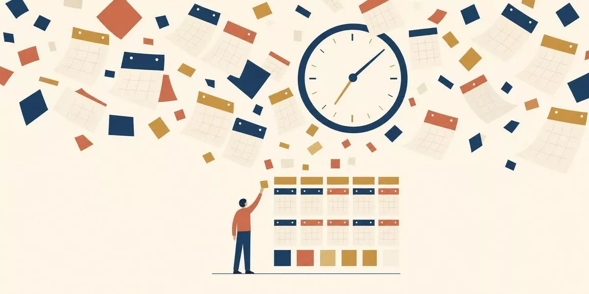 Illustration: Eine kleine stilisierte Figur greift in eine weite Szene, über der raumgreifend schwebende Kalenderblätter und eine große Uhr sich zu einer geordneten Anordnung fügen