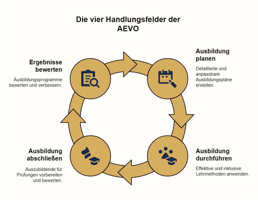 ein grafischer Kreislauf erklärt die vier Handlungsfelder der AEVO